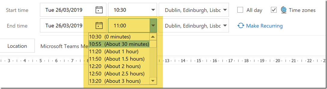 outlook for mac calendar end times