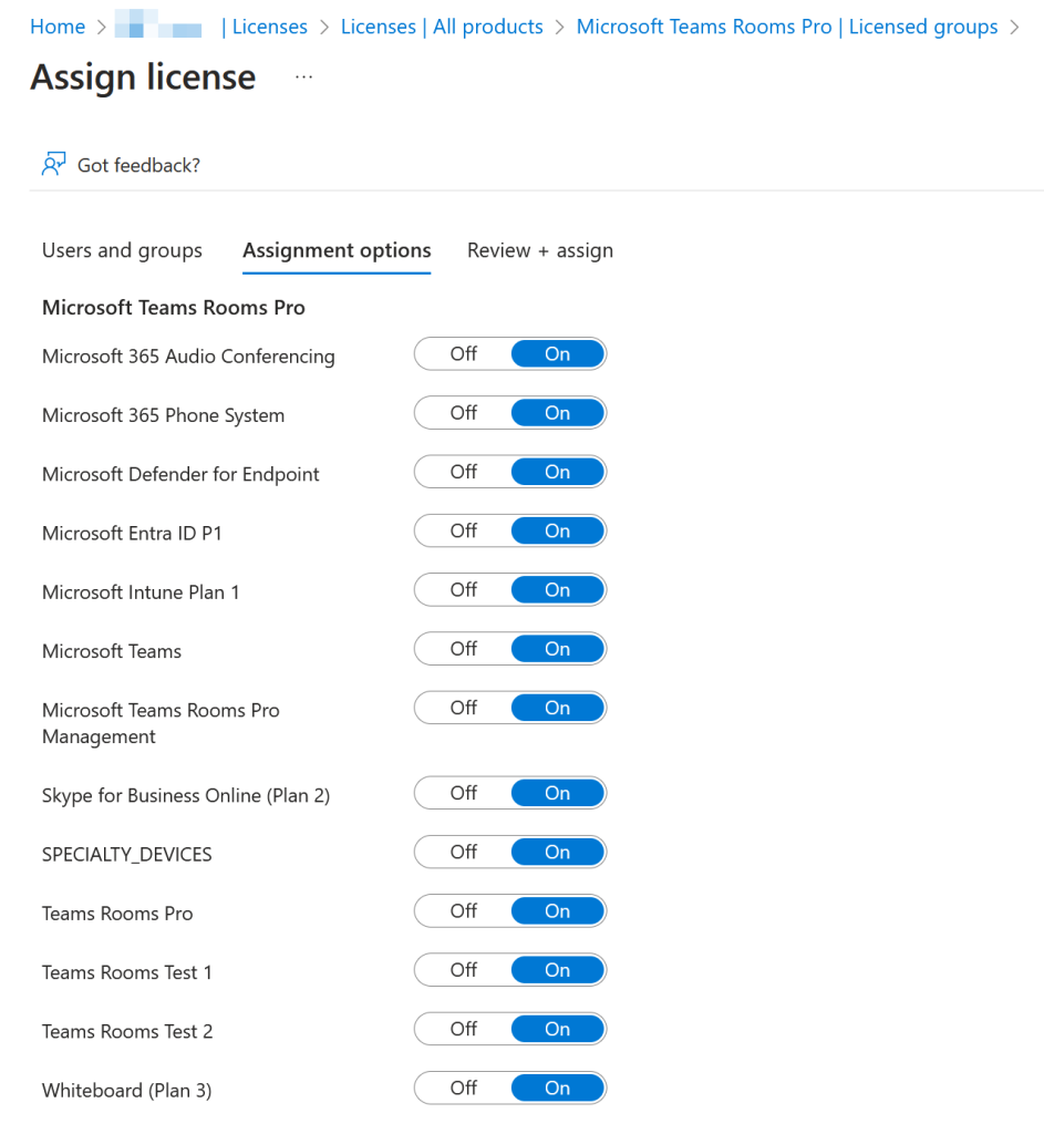 A list of licences in Microsoft Teams Room Pro