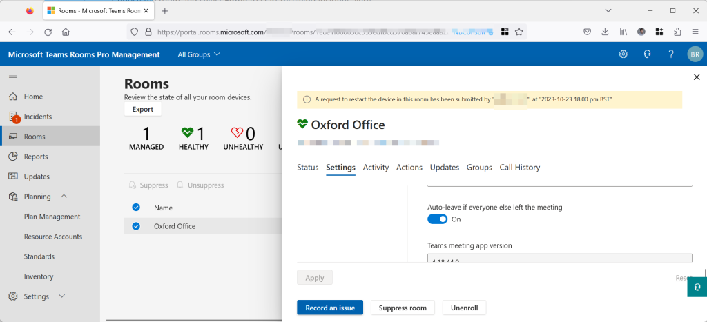 Setting Room Setting and forcing a device restart is shown in a screenshot of the Pro Management Portal