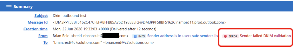 Message Header Analyser, Summary section. Showing a badge that says "Sender failed DKIM validation" even though it did not.